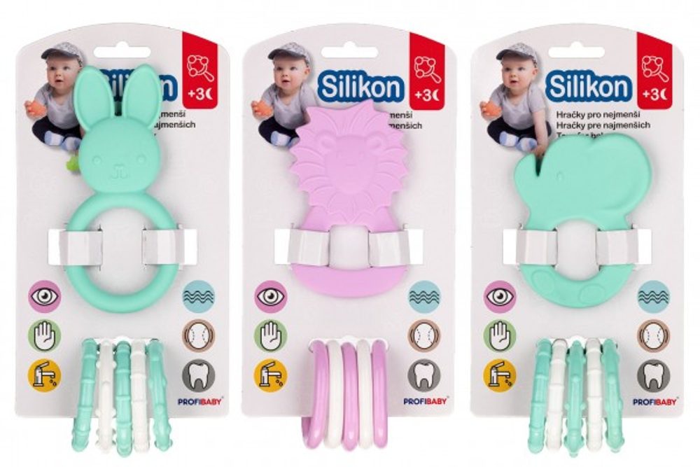 Profibaby Kousátko zvířátko + přívěsky silikon/plast 7-8cm mix druhů na kartě 3m+