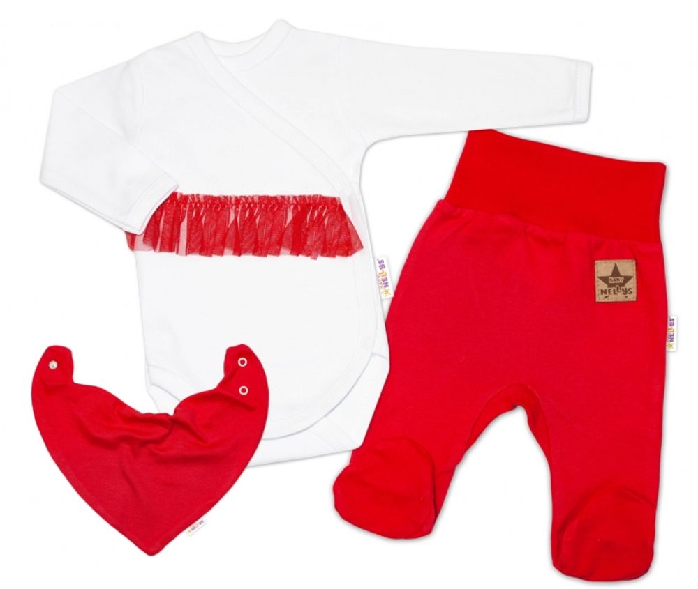 Baby Nellys 3-dílná sada Body dl. rukáv s tutu, šátek, polodupačky, červená, bílá - 68 (3-6m)