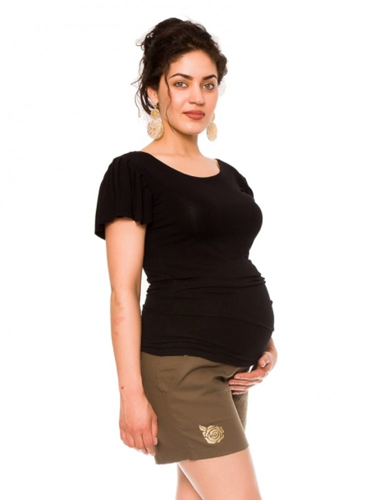 Be MaaMaa Těhotenské lněné kraťasy s růžičkou, khaki, vel. M - L (40)