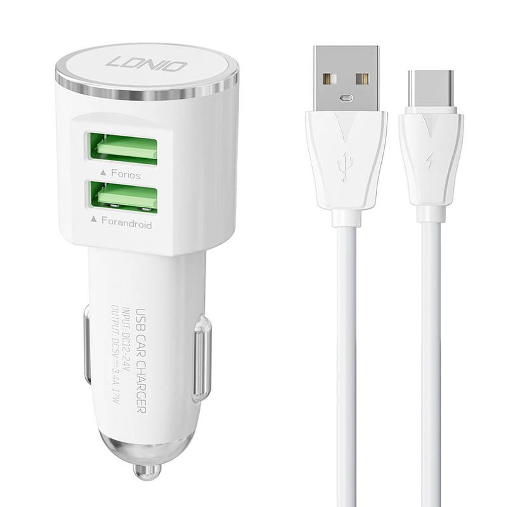 LDNIO Nabíječka do auta LDNIO DL-C29, 2x USB, 3,4A + kabel USB-C (bílá)