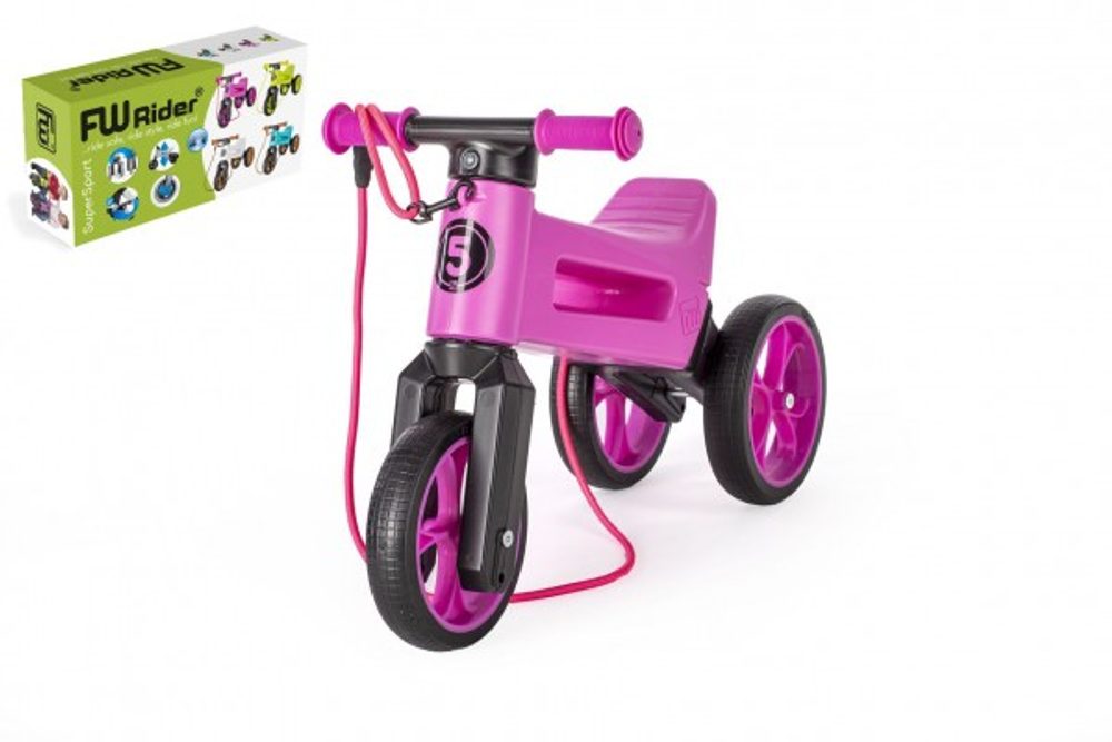 Teddies Odrážedlo FUNNY WHEELS Rider SuperSport fialové 2v1+popruh, výš. sedla 28/30cm nos 25kg 18m+ v krab.