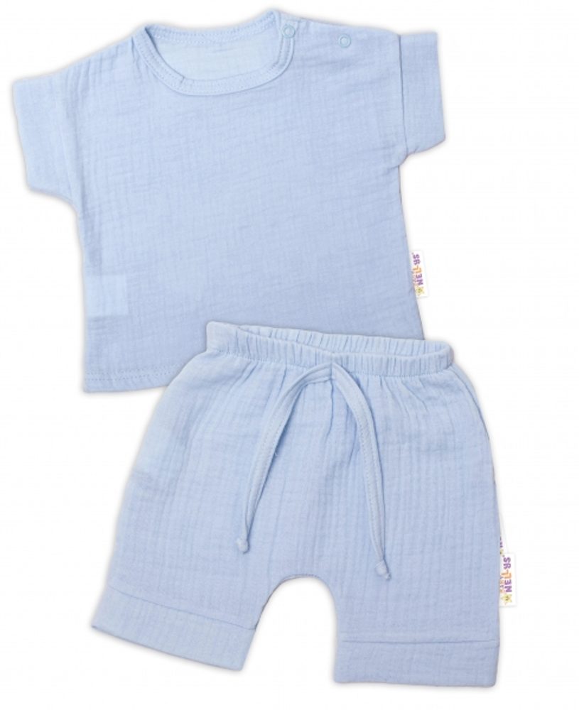Baby Nellys 2-dílná mušelínová soupravička, tričko + kraťasky BOY, světle modrá - 56 (1-2m)