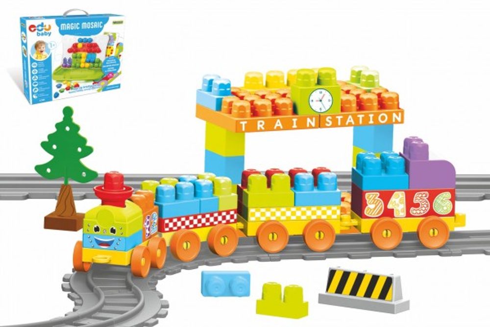 WADER Baby Blocks vlak s kolejemi a stavebnicí plast délka dráhy 3,3m s doplňky v krabici 65x36x8cm 12m+