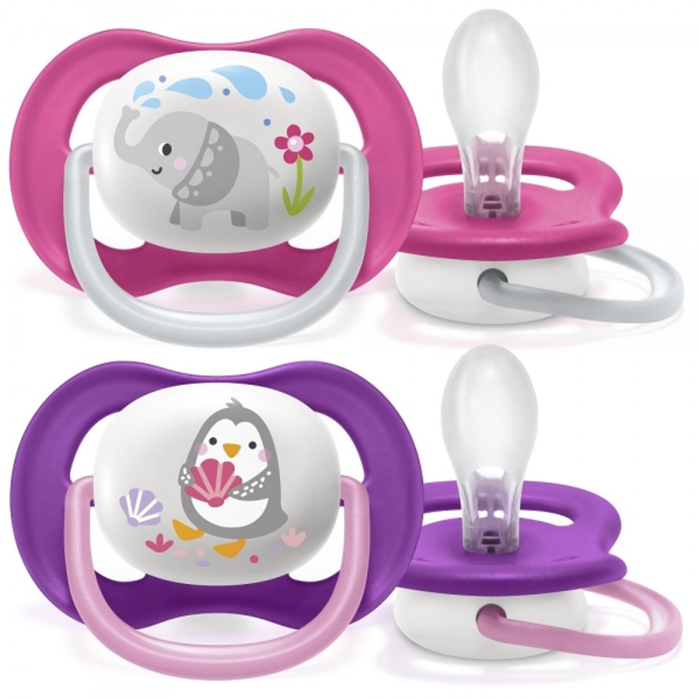 AVENT Dudlík Ultra Air Animals, 6-18m - Slon/tučňák, růžový/lila