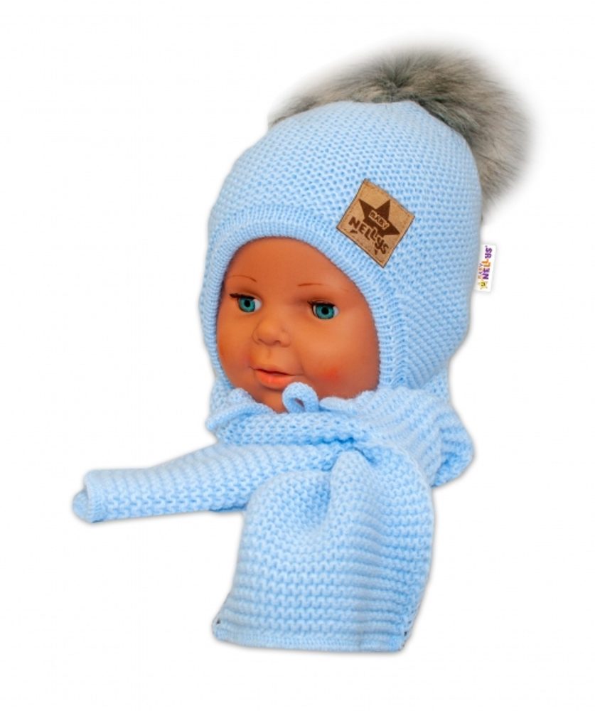 BABY NELLYS Zimní čepička s šálou - chlupáčková bambulka - sv. modrá/šedá - 80-92 (12-24m)