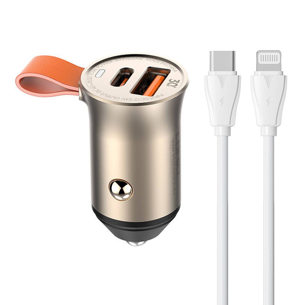 LDNIO Nabíječka do auta LDNIO C509Q, USB + USB-C, 30 W + kabel USB-C na Lightning (zlatý)