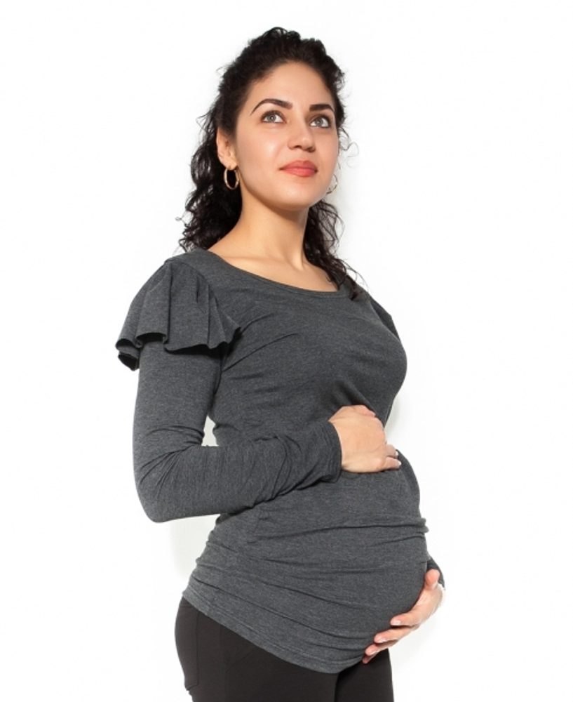 Be MaaMaa Těhotenské triko dlouhý rukáv FANNY s volánkem - tm. šedé - S - S (36)