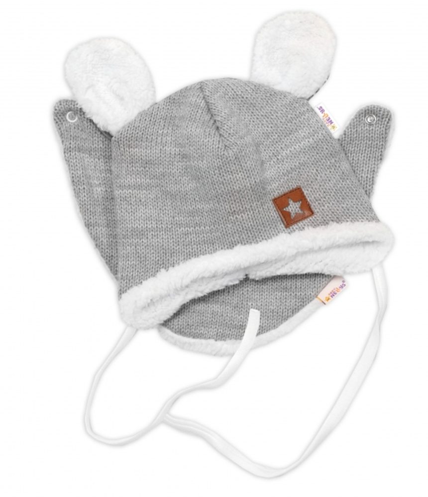 Baby Nellys Pletená zimní čepice s kožíškem a šátkem Star, šedá - 80-86 (12-18m)