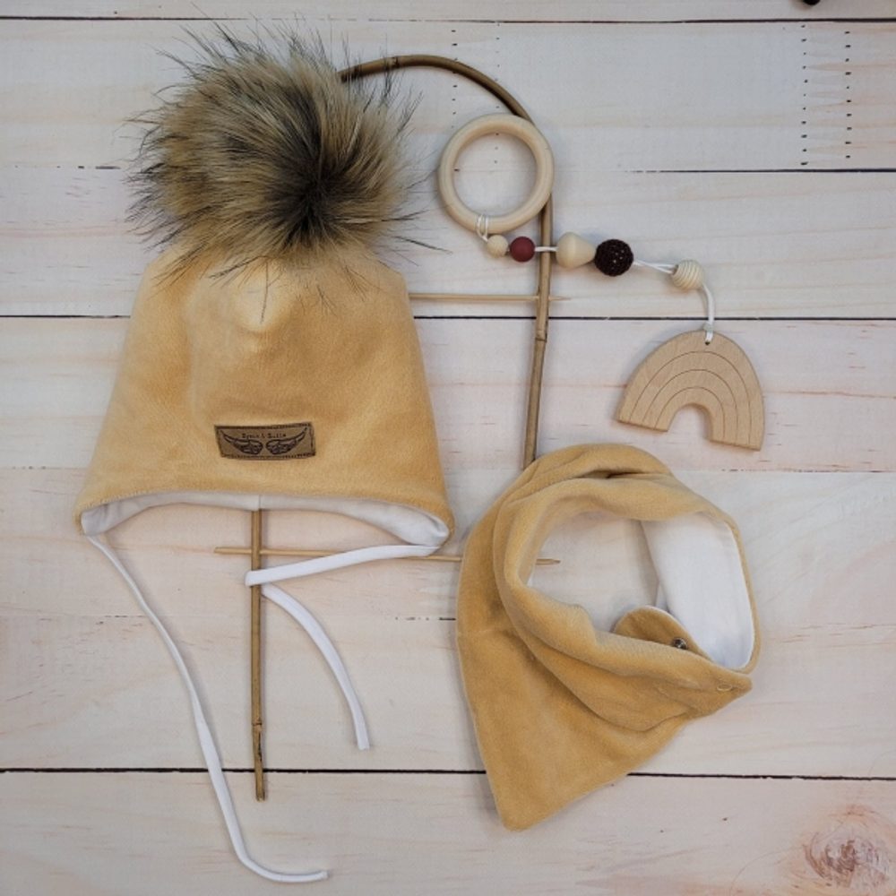 Z&Z Zimní dvouvrstvá čepice na zavazování s bambulí z kožešinky + šátek Z&amp;Z, béžová - 68-74 (6-9m)