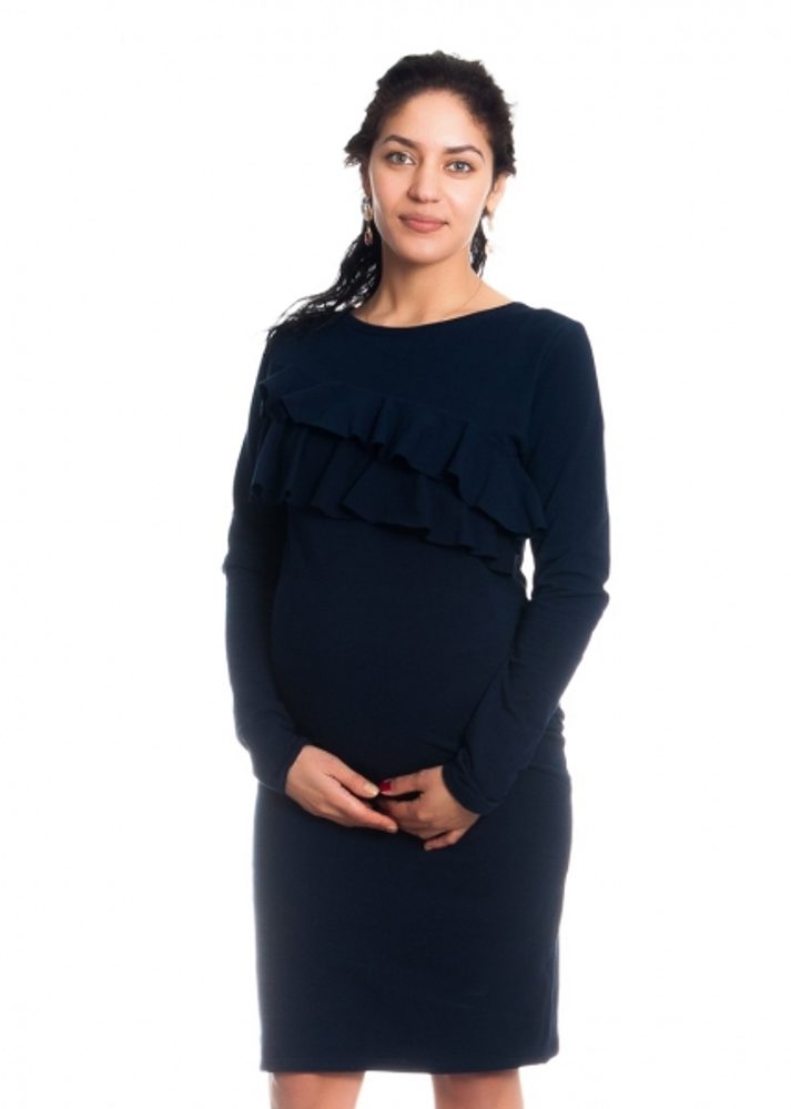 Be MaaMaa Těhotenské/kojící šaty s volánkem, dlouhý rukáv - granátové - XS (32-34)