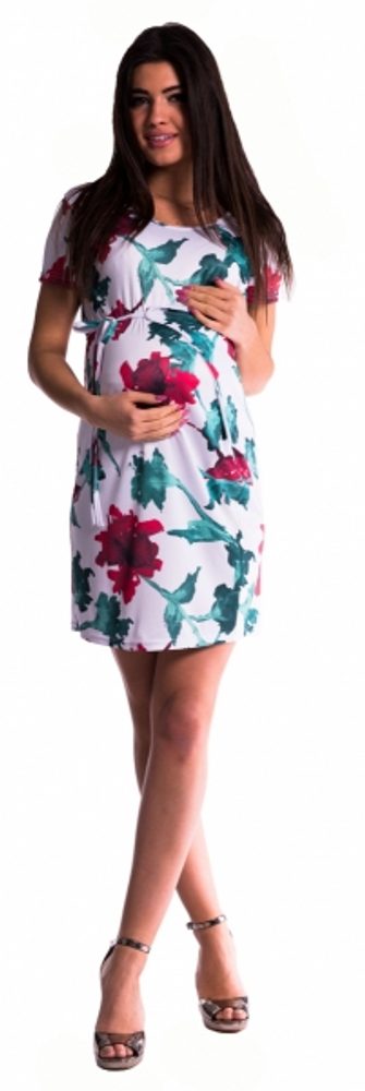 Be MaaMaa Těhotenské šaty s vázáním s květinovým potiskem - červené, vel. M - M (38)