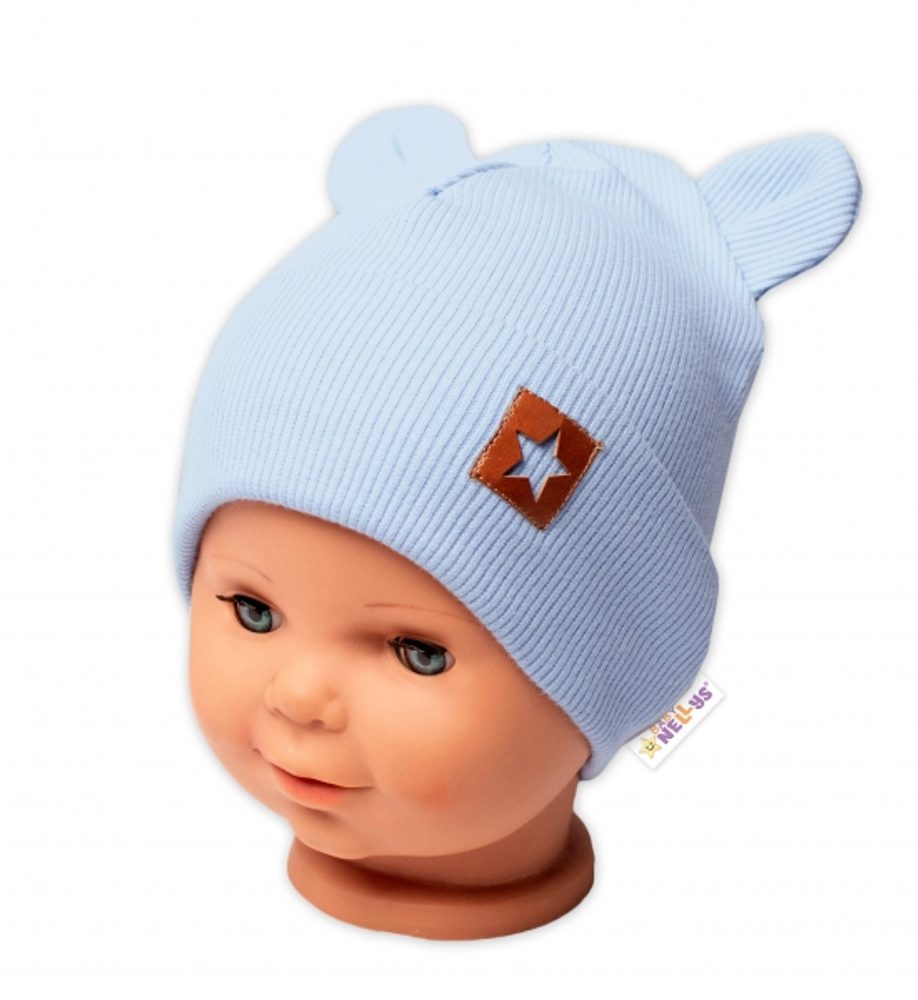 Baby Nellys Žebrovaná dvouvrstvá čepice s oušky TEDDY - sv. modrá - 80-86 (12-18m)