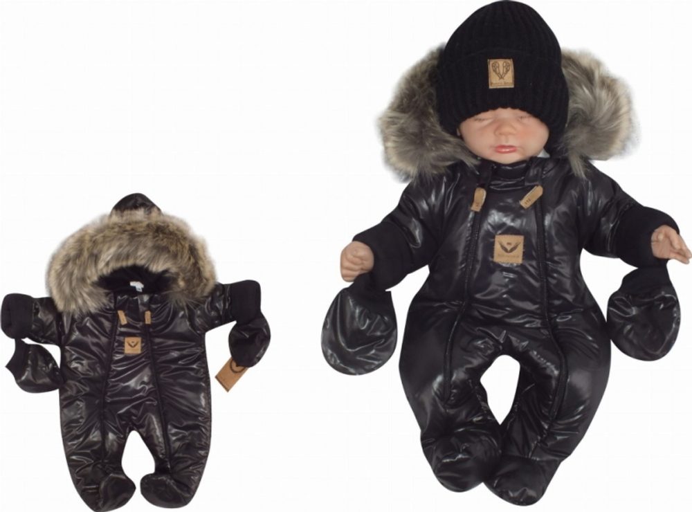 Z&Z Zimní kombinéza s dvojitým zipem, kapucí a kožešinou + rukavičky Z&amp;Z, Angel, černý, vel.68 - 74 (6-9m)
