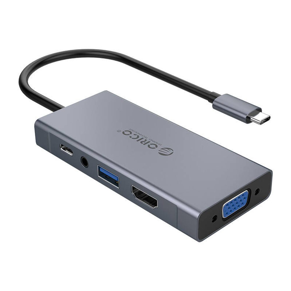 Orico Adaptér Rozbočovač Orico 5 v 1, HDMI 4K + USB 3.0 + VGA + AUX + USB-C PD 60W