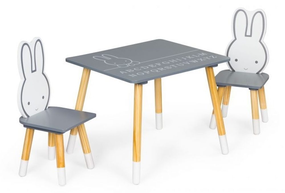 Levně ECO TOYS Dětský nábytek, stoleček + dvě židličky, Králíček - šedá/bílá