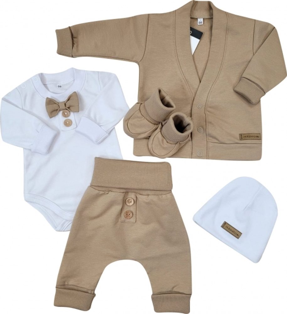 Kazum Bavlněná sada, body, kalhoty, motýlek a čepice Elegant Boy 5D, Kazum, mocca/bílá, vel. 80 - 56 (1-2m)