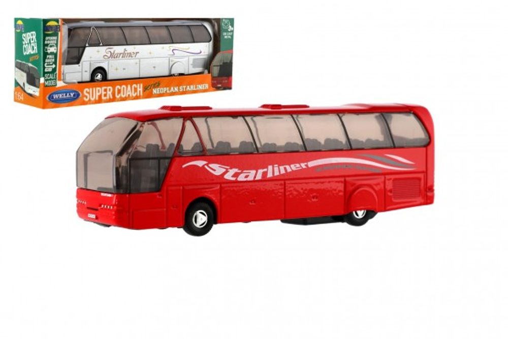 Dromader Autobus Welly Super Coach kovlast 19cm na zpětné natažení 2 barvy v krabičce 22,5x8x5cm