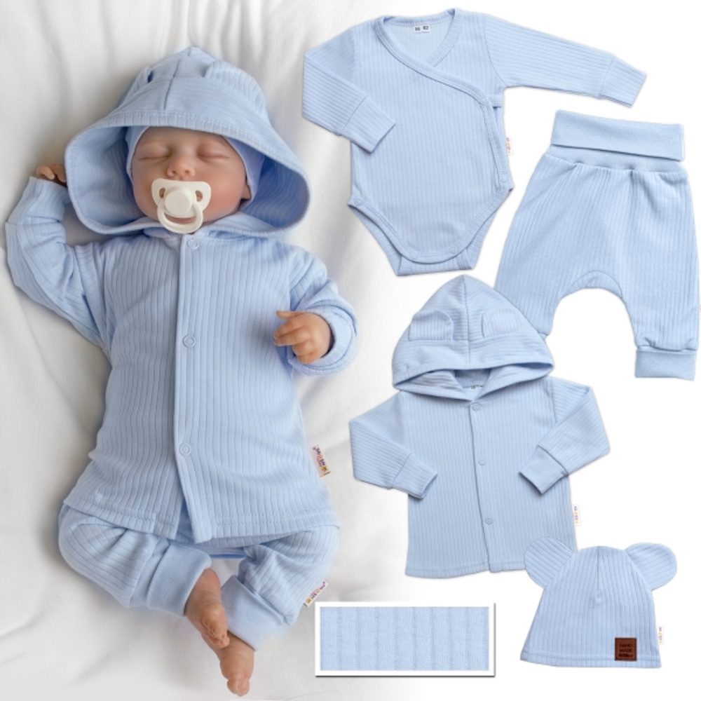 Baby Nellys Žebrovaná rostoucí souprava 4D, zavin. body, kalhoty, kabátek a čepička, modrá