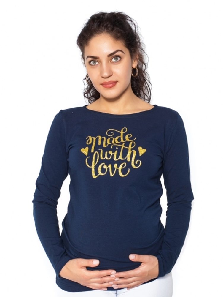 Be MaaMaa Těhotenské triko dlouhý rukáv Made with Love - tm. modrá - L - XL (42)