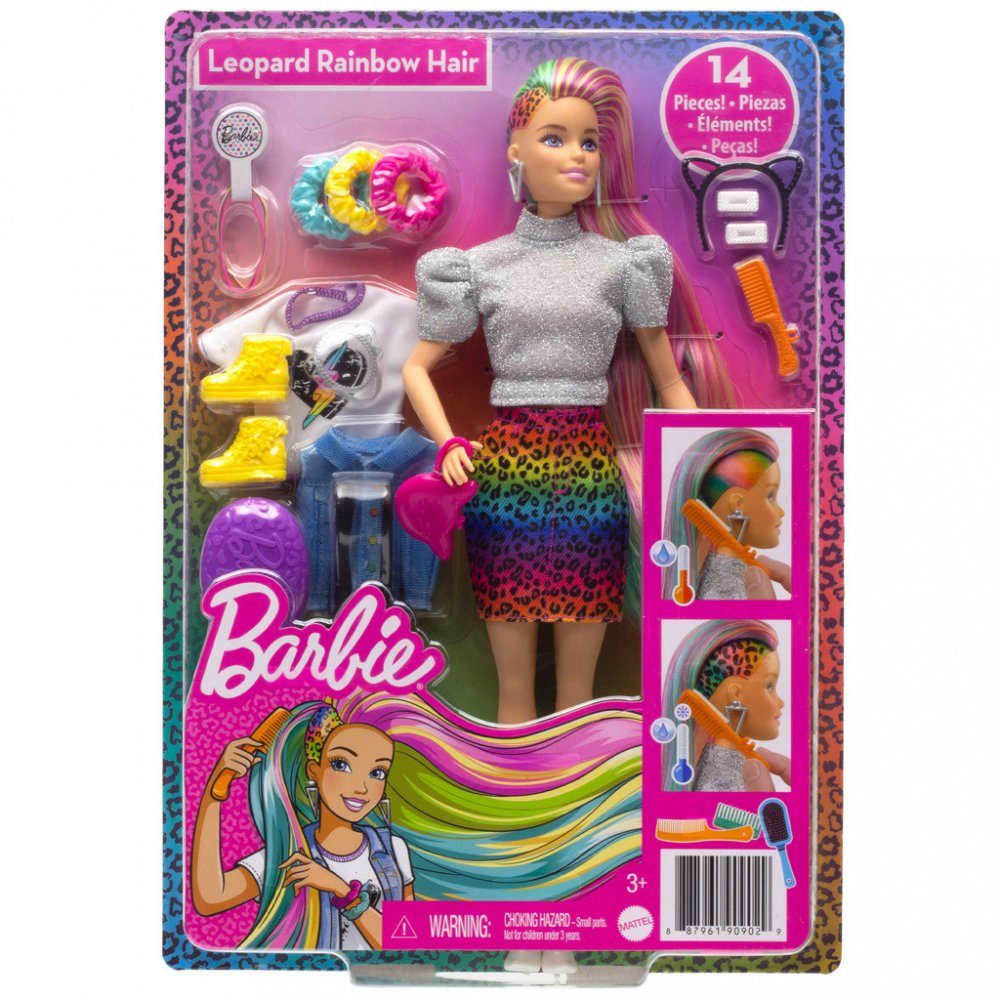Popron.cz Barbie leopardí panenka s duhovými vlasy - MATTEL