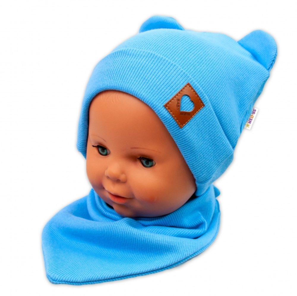 Baby Nellys Žebrovaná dvouvrstvá čepice s oušky + šátek TEDDY - modrá, 68/74 - 56-62 (0-3m)