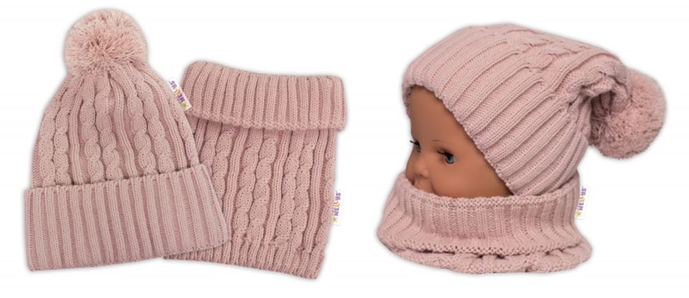 Baby Nellys Zimní čepice s bambulí + komínek Baby Nellys - pudrová, růžová, vel. 48-52cm