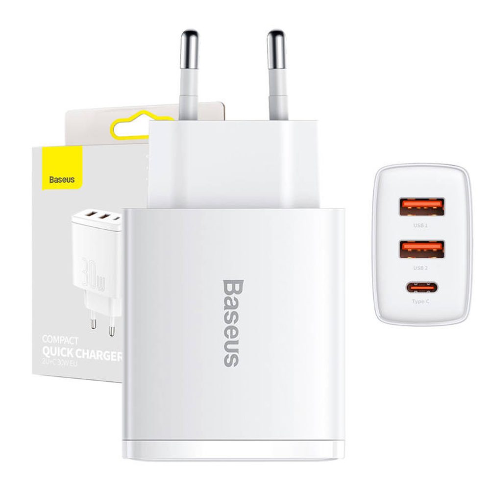 Baseus kompaktní rychlonabíječka, 2xUSB, USB-C, PD, 3A, 30W (bílá)