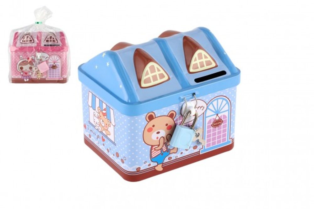 Teddies Pokladnička domeček plechová se zámkem 12x11cm 2 barvy v sáčku