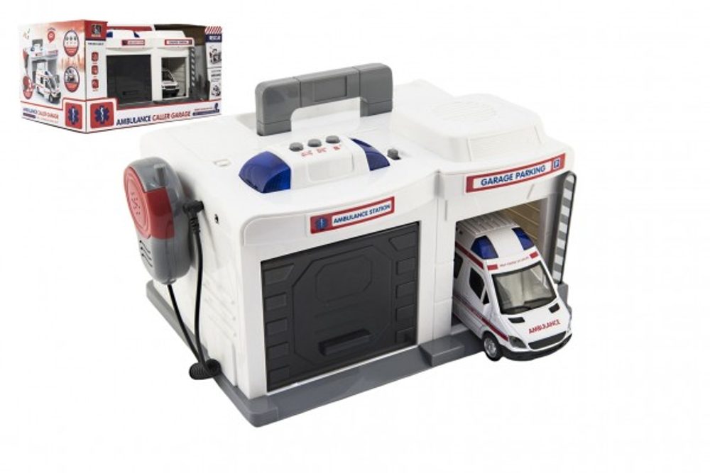 Teddies Garáž + auto ambulance 15 cm plast na baterie se světlem se zvukem v krabici 37x20x24,5cm