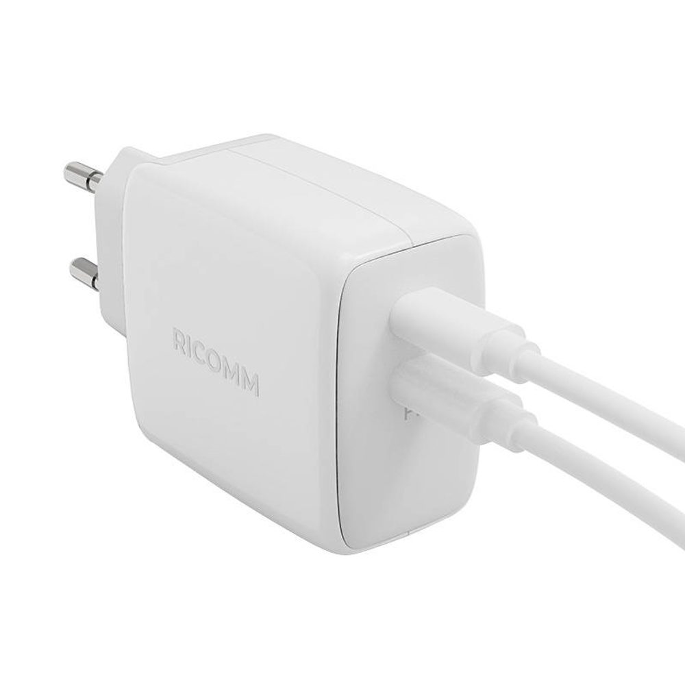 Ricomm Nástěnná nabíječka 65W GaN Ricomm RC652 EU, 2xUSB-C + 2,1m kabel USB-C