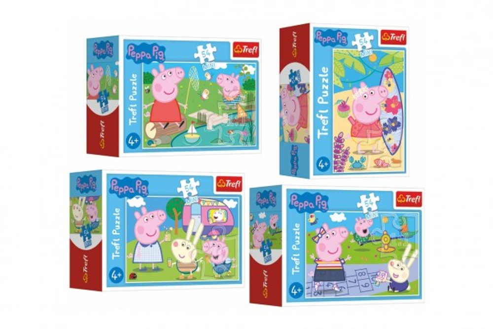 Trefl Minipuzzle 54 dílků Šťastný den Prasátka Peppy/Peppa Pig 4 druhy v krabičce 9x6,5x3,5cm 40ks v boxu