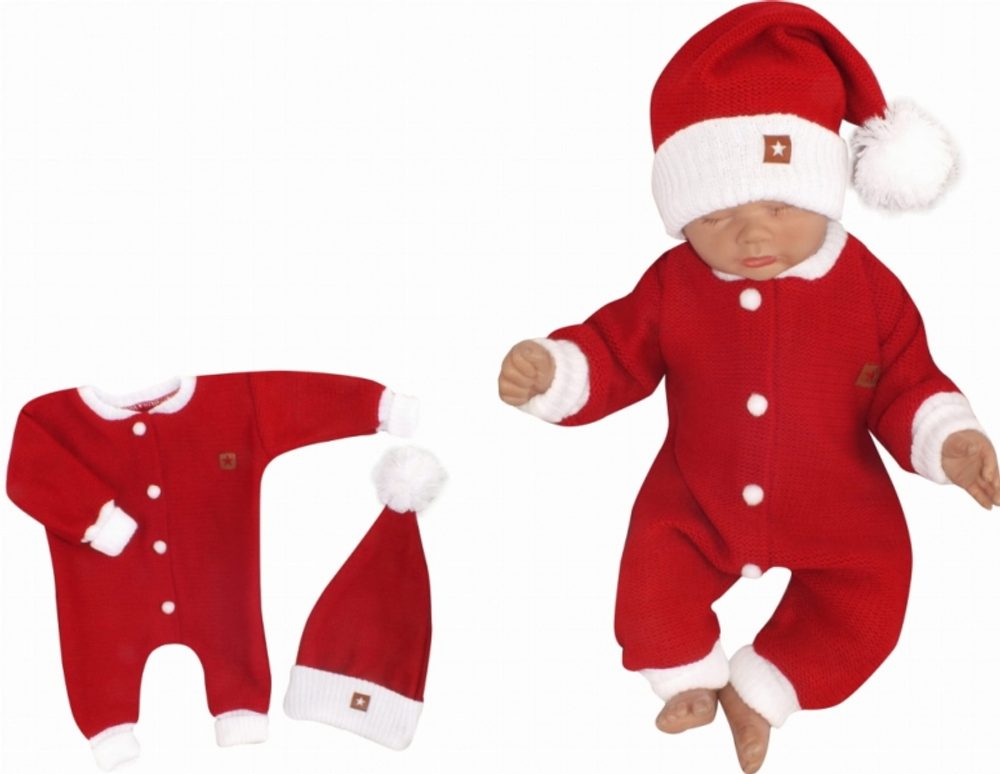 Z&Z Z&amp;Z 2-dílná sada Pletený overálek + čepička Baby Santa, červený