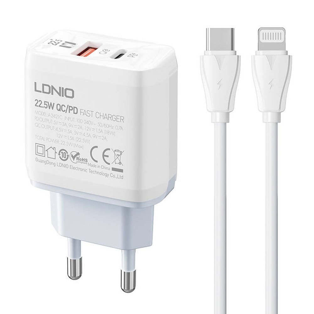 LDNIO Nástěnná nabíječka LDNIO A2421C USB, USB-C 22,5W + kabel USB-C - Lightning