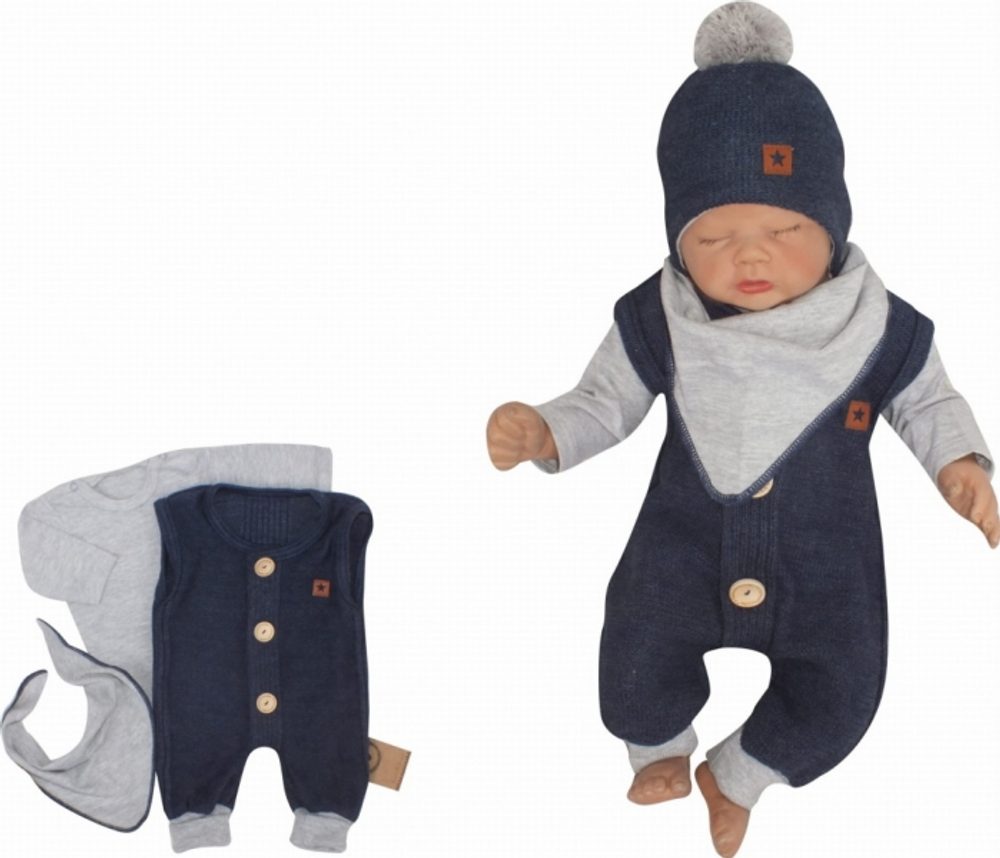 Z&Z Z&amp;Z 3-dílná soupravička body, dupačky s knoflíčky a šátek, šedá/jeans - 56 (1-2m)