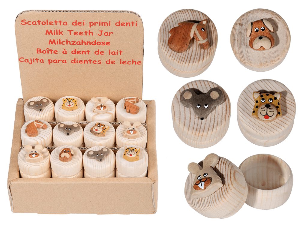 Přírodní dřevěná nádoba na mléčné zuby, Zvířata, cca. 3,5 x 3,5 cm, 5 druhů.