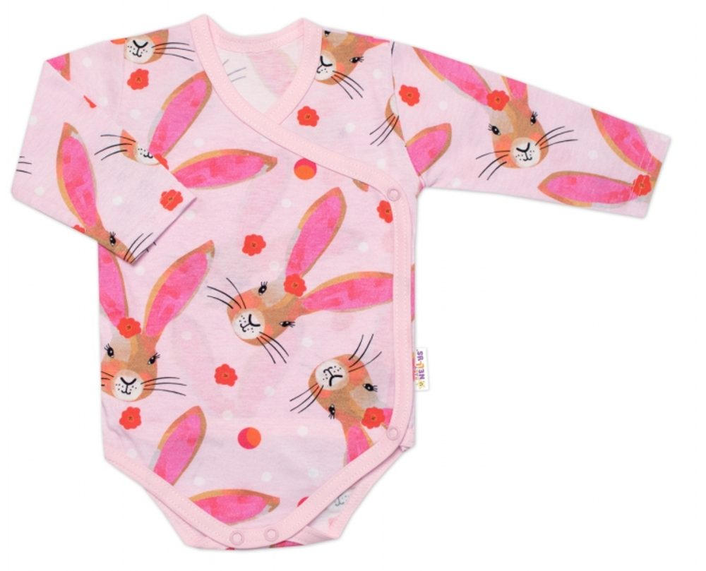 Baby Nellys Zavinovací kojenecké body dl. rukáv, bavlna, Zajíček Baby Nellys, růžové - 68 (3-6m)