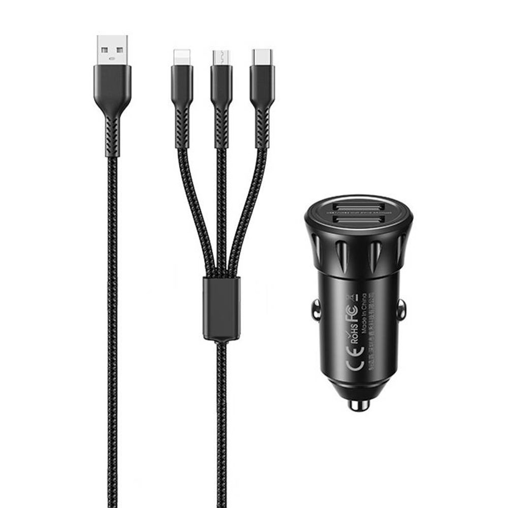 Remax Nabíječka do auta 2x USB, Remax RCC236, 2,4A (černá) + kabel 3 v 1