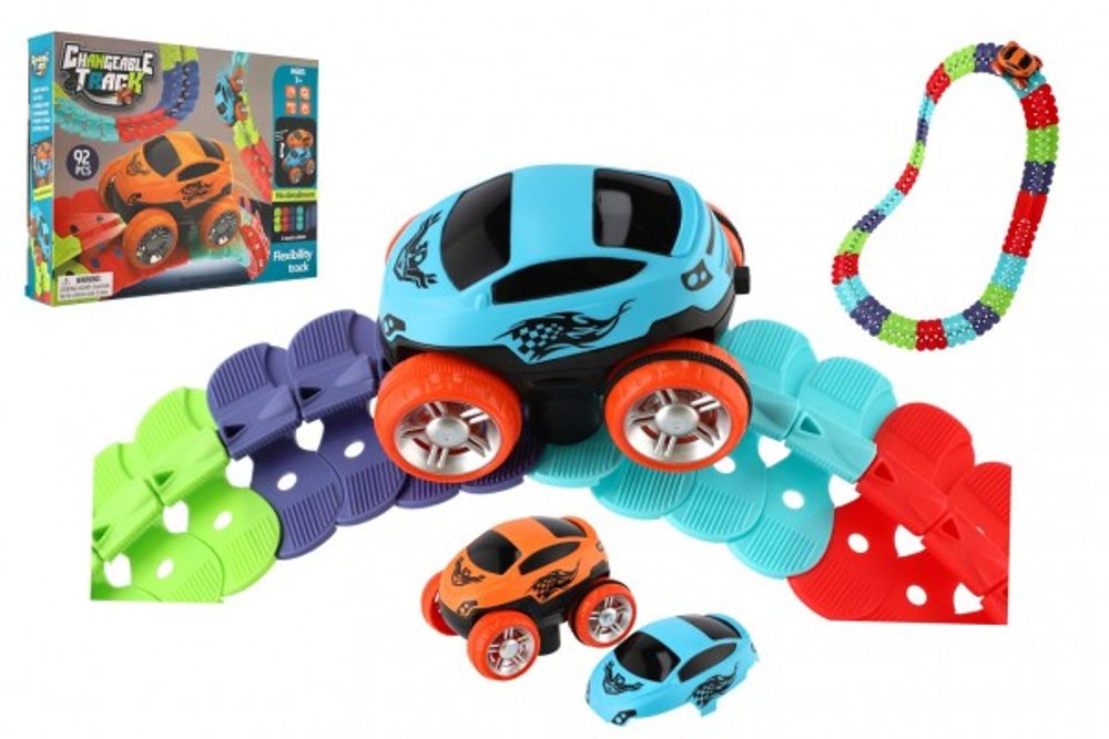 Teddies Autodráha barevná pružná 92 ks plast + auto na baterie se světlem v krabici 35x27x6cm