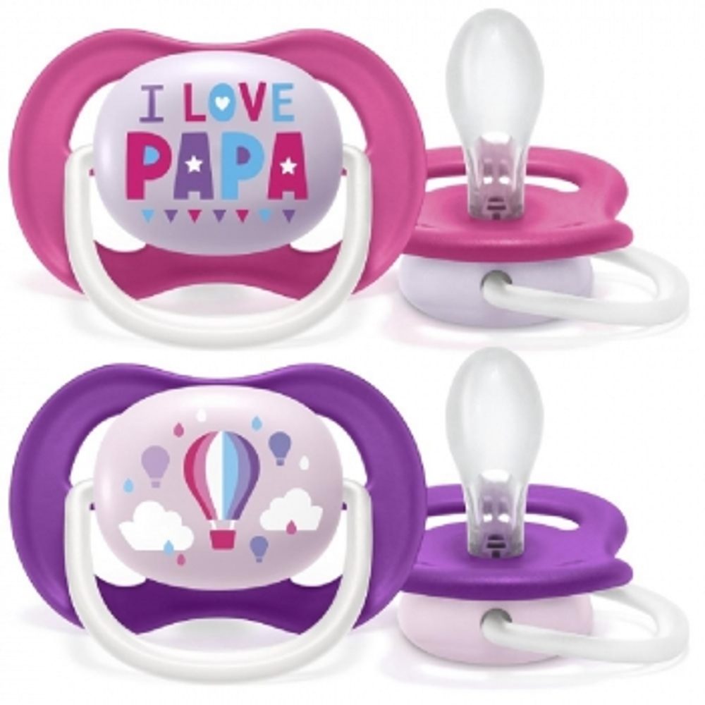 AVENT Dudlík Ultra Air Animals, 6-18m - I Love Papa, růžový/lila