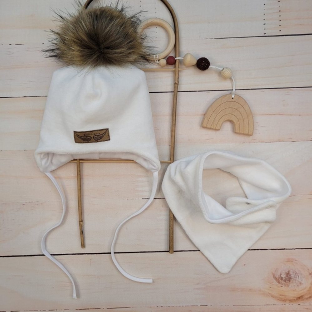 Z&Z Zimní dvouvrstvá čepice na zavazování s bambulí z kožešinky + šátek Z&amp;Z, bílá, vel. 68/74
