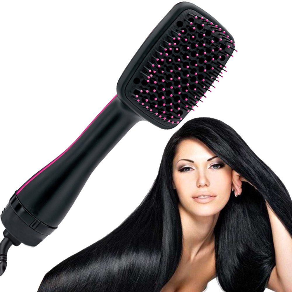 Verk Group Víceúčelový fén na vlasy s kartáčem a žehličkou, černo-růžový