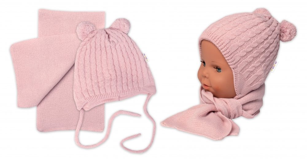 Baby Nellys Zimní čepice na zavazování s bambulky + šál, Baby Nellys - pudrově růžová, vel. 62/68
