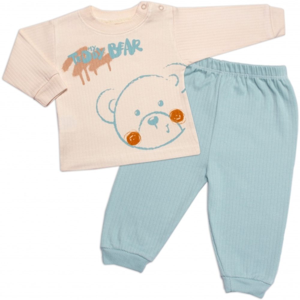 Baby Little Star Žebrovaná souprava, My Teddy Bear 2D, bavlna, ecru/mátová - 86 (12-18m)
