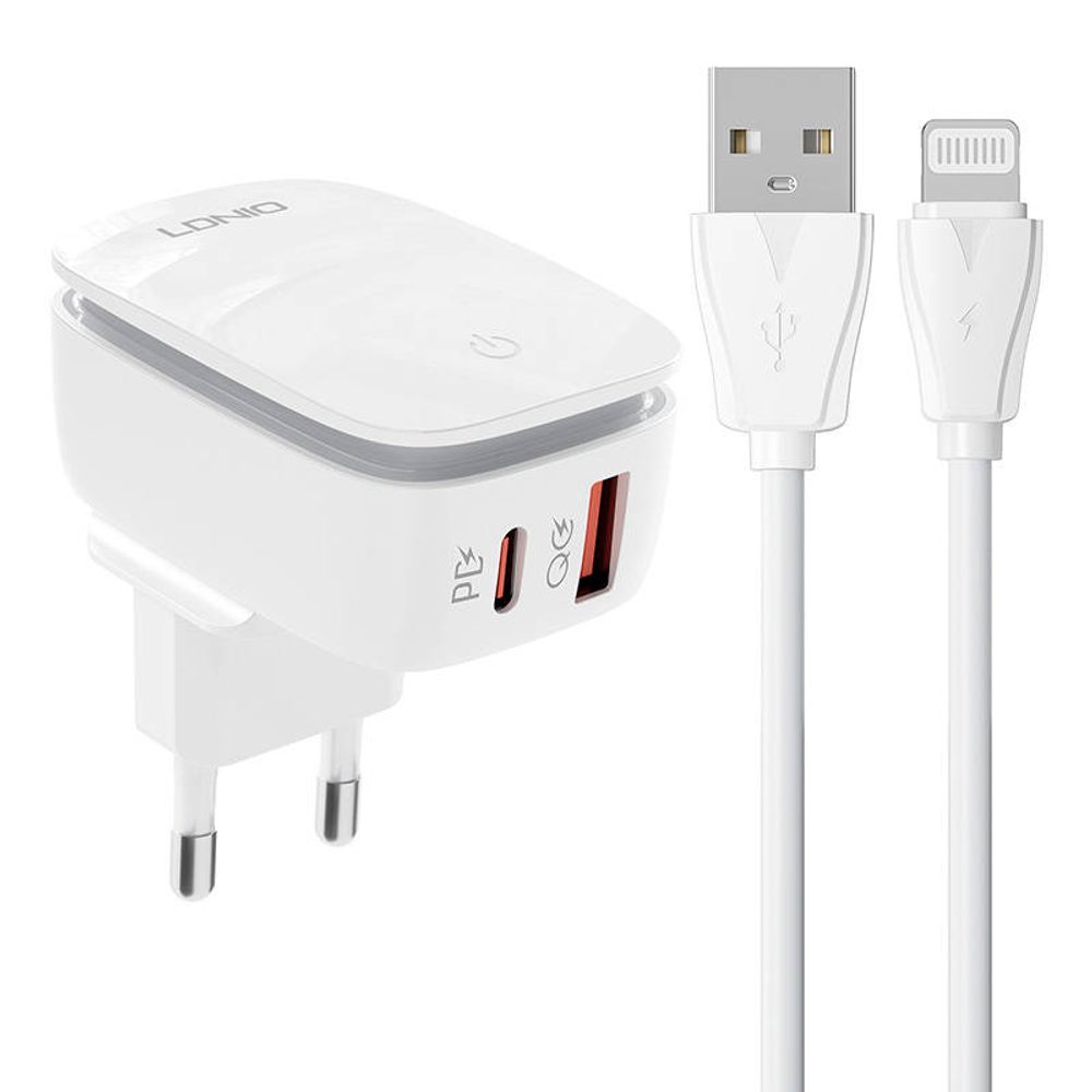 LDNIO Nástěnná nabíječka LDNIO A2425C USB, USB-C + kabel Lightning