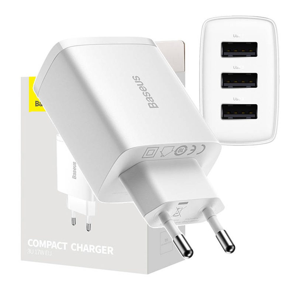 Baseus Kompaktní rychlonabíječka Baseus, 3x USB, 17 W (bílá)