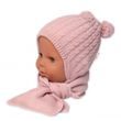 Zimní čepice na zavazování s bambulky + šál, Baby Nellys - pudrově růžová, vel. 62/68