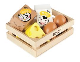 TidloDrevená debnička s mliečnymi výrobkami a vajcami