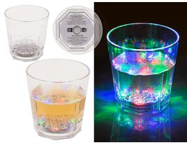 Akrylový whisky sklenička, s barevným LED světlem, se 3 režimy blikání, cca 9 x 9 cm, cca 85 ml, včetně 3 baterií LR44, v dárkové krabičce