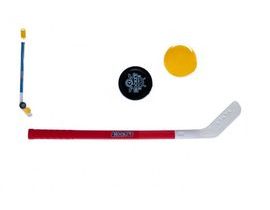 Hokejka plast 73cm s pukem a míčkem 2 barvy v síťce