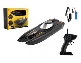 Motorový člun/loď do vody RC plast 22cm černý na baterie+dob. pack+USB 2,4Ghz v krabici 29x22x9cm